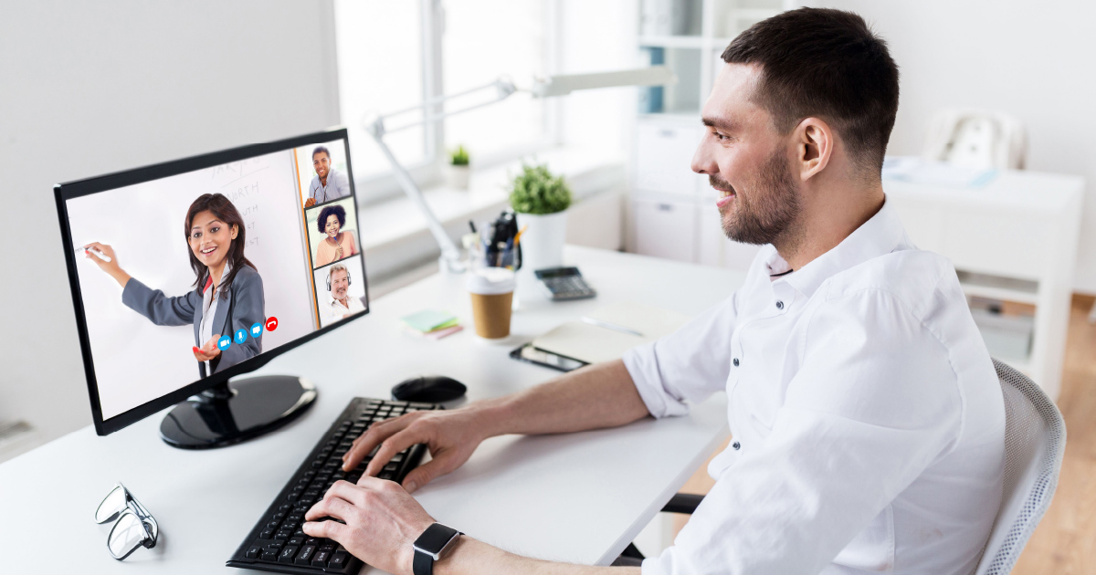 People practice sales training on video call