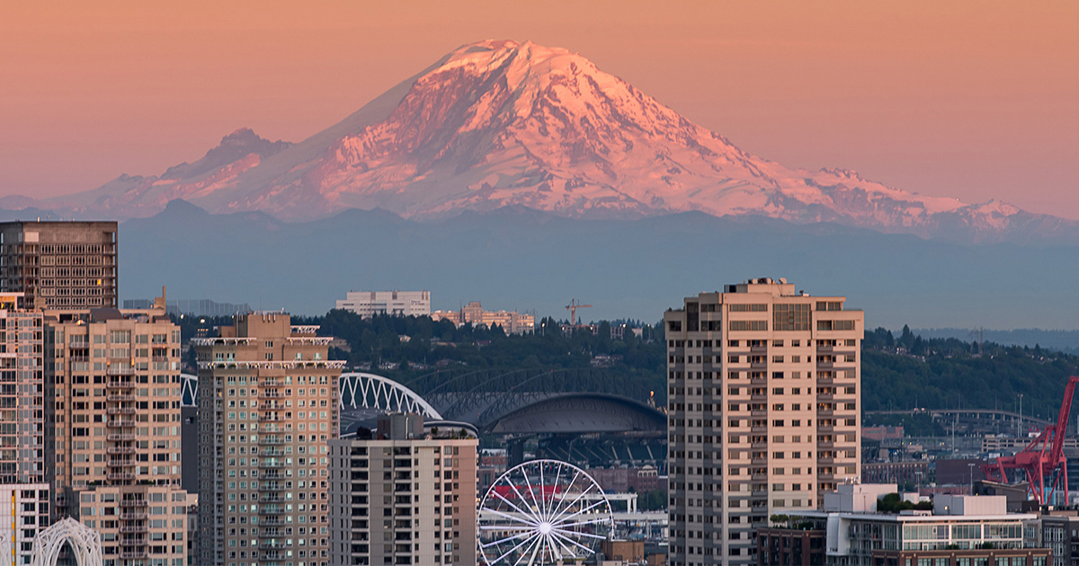 Beautiful Seattle in the Evening with Space Needle and Mt.Rainer