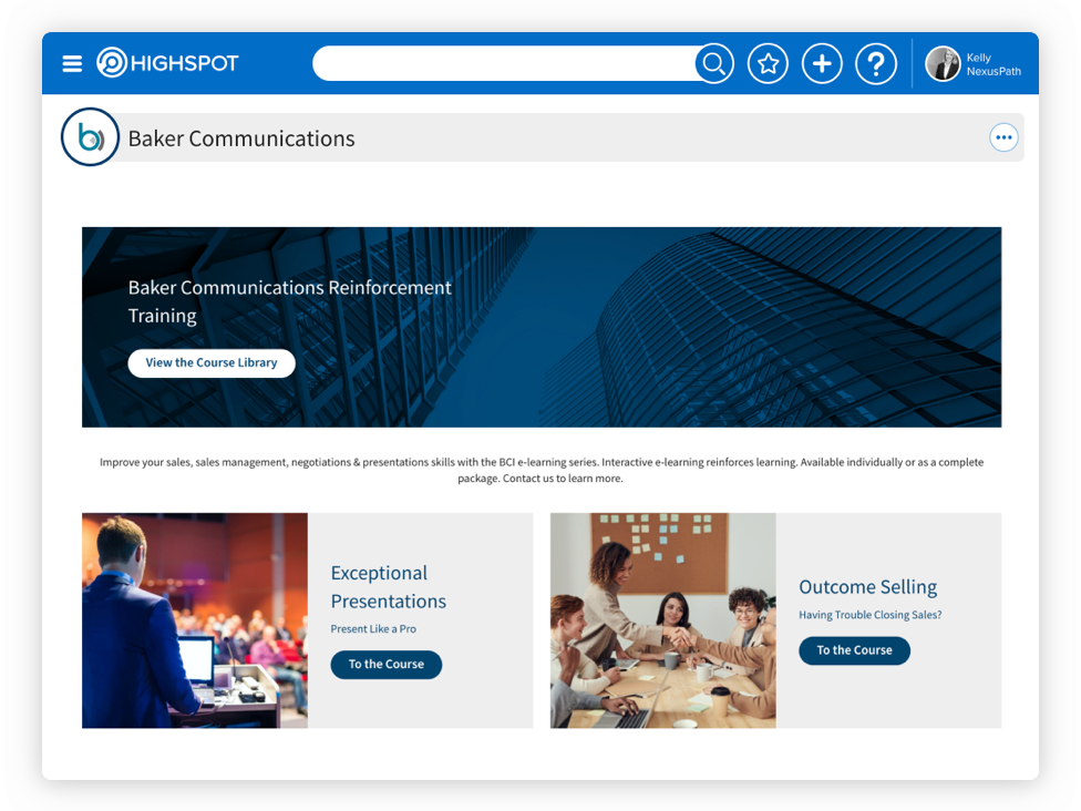 Baker Communication's homepage for their Premium Package on Highspot's Marketplace.