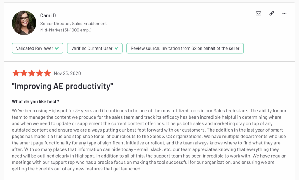 Five start review praising Highspot for improving AE productivity