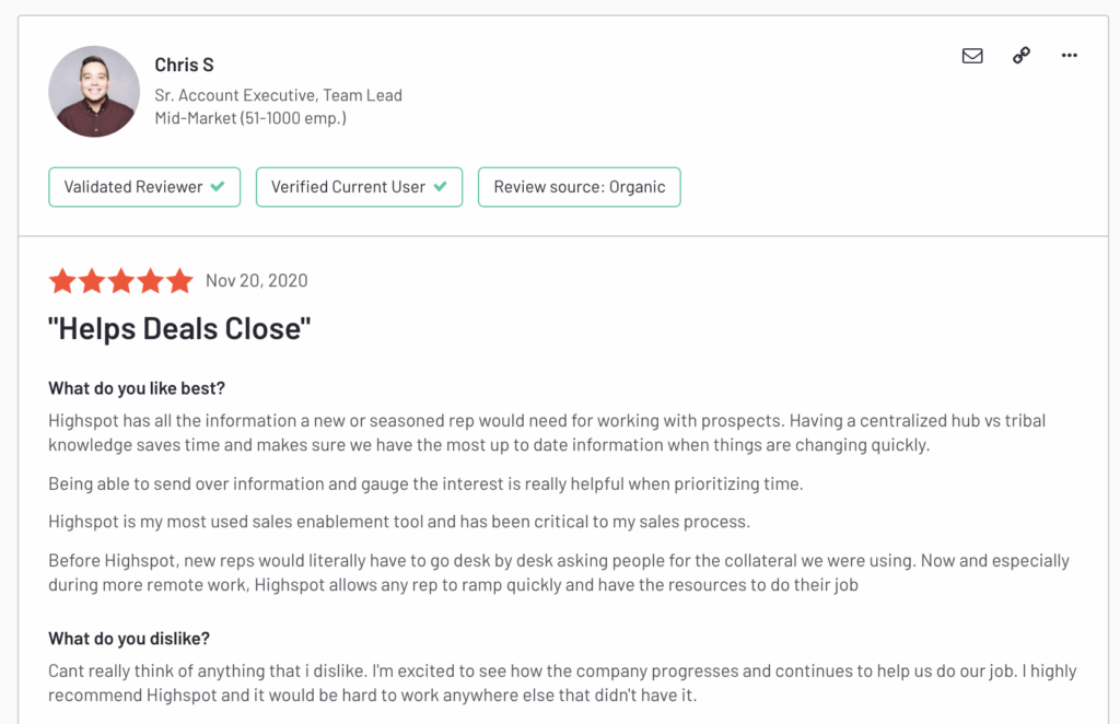 Five star review saying Highspot helps deals close