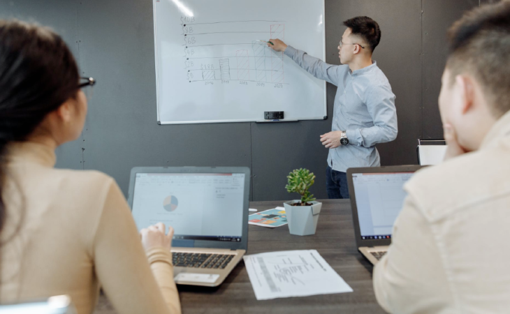 Person at whiteboard conducting sales goals meeting before people with laptops