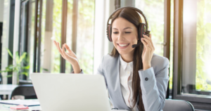 Salesperson smiles during call