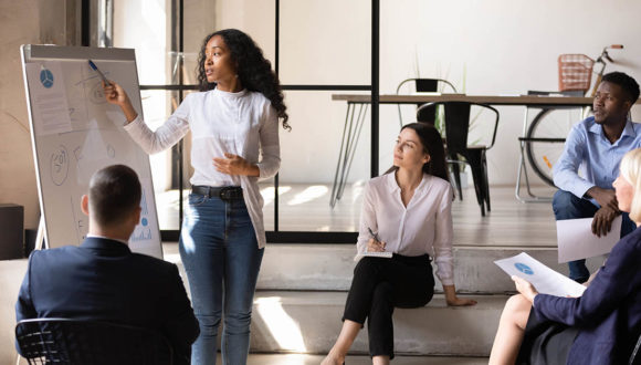 Person at whiteboard presents sales plays to group of people